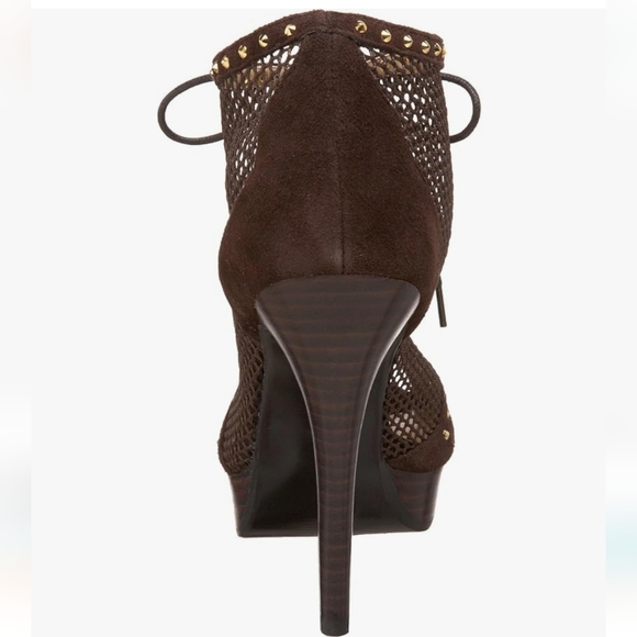 N.Y.L.A. mesh and gold studded leather peep toe bootie in brown NIB - Picture 6 of 8
